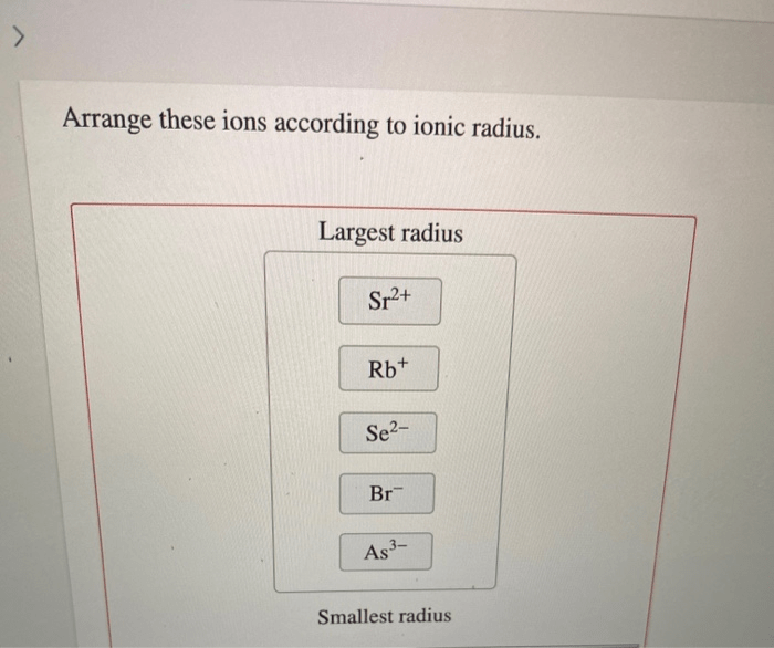 Arrange the atom and ions according to radius.